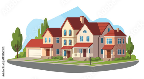 Tranquil suburban neighborhood illustration showcasing residential houses with neat lawns and architectural details depicting community living and