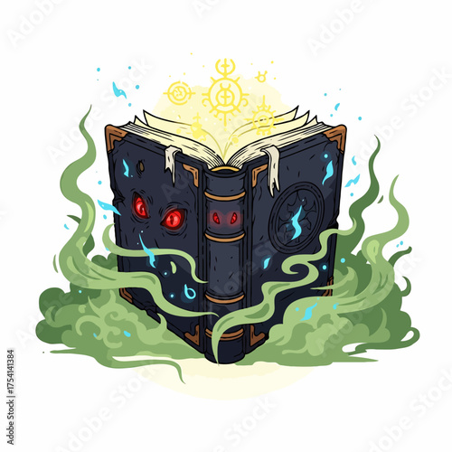 Mystical ancient grimoire emitting magical light and eerie smoke, containing powerful spells and occult lore