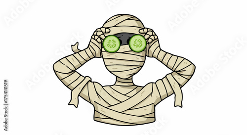 Whimsical Mummy Character Embracing Serenity and Self-Care with Cooling Cucumber Eye Treatment - Humorous Spa Day Graphic