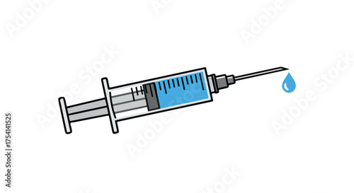 Stylized vector illustration of a syringe with blue liquid isolated against a white backdrop, symbolizing medical care