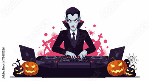 Dynamic cartoon vampire DJ character mixing eerie electronic beats for a spooky Halloween themed party celebration