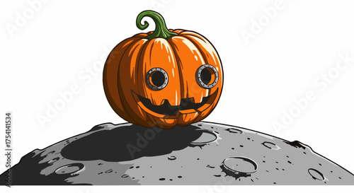 Whimsical Halloween Jack-o'-Lantern Character with Mechanical Eyes Resting on a Detailed Cratered Moon Surface - Stylized Vector Illustration for Spooky Concepts