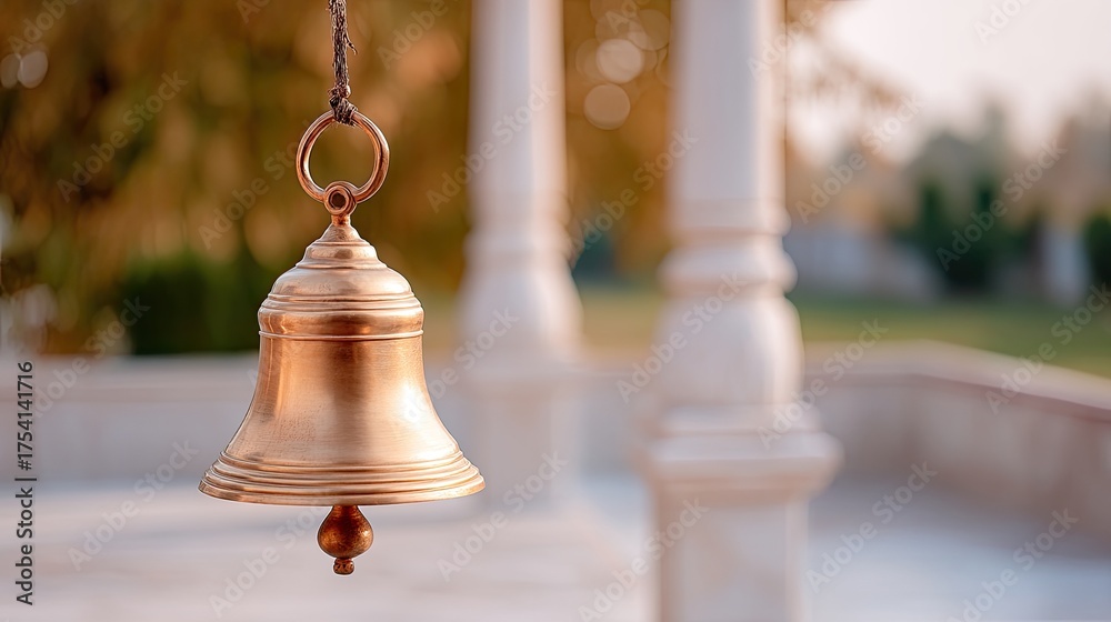 Obraz premium Golden Bell Hanging in Tranquil Outdoor Setting with Soft Background Light and Architectural Details