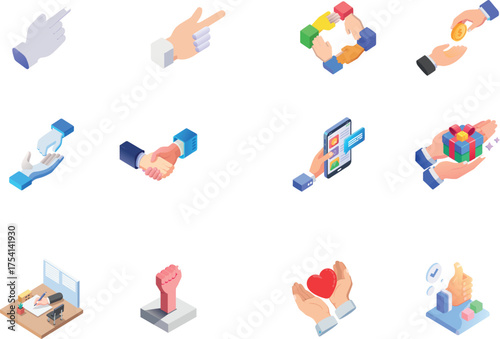 Set of Isometric 3D Icons for Hands, Business Interaction, and Gestures