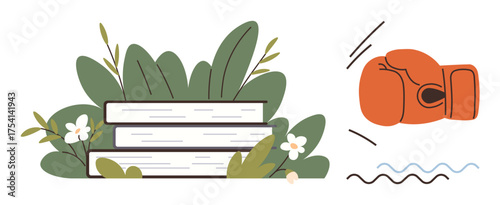 Stack of books surrounded by plants and a boxing glove symbolizes balance between knowledge and power. Ideal for education, strength, self-improvement, learning, sports, motivation, personal growth