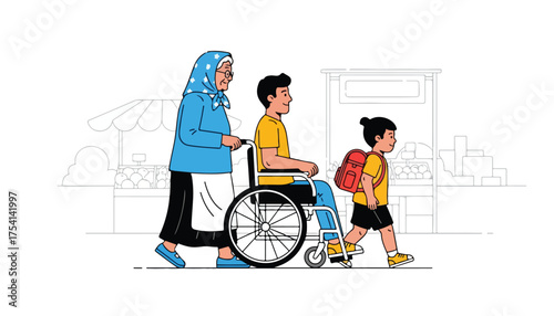 An elderly woman pushes a young man in a wheelchair while a child with a backpack walks alongside them in an outdoor setting.