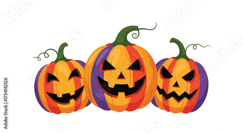 Three colorful jack o lanterns carved with spooky faces and decorated for Halloween.