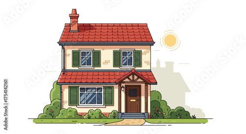 Quaint two-story house with red roof and green shutters, bathed in sunlight, surrounded by lush greenery and cheerful, cartoon aesthetic illustration