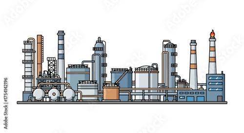 Stylized Illustration of a Complex Industrial Plant Landscape with Towers and Storage Facilities, conveying a message about energy, industry, and