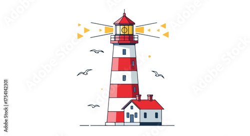 Minimalist Lighthouse Vector Illustration Featuring Striped Tower and Seagulls for Nautical Theme Imagery