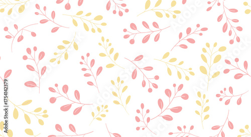 A delicate pattern of pink and yellow leaves and berries on a white background.