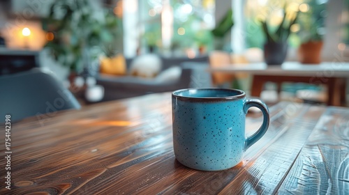 : a sleek kitchen table with a single vintage enamel mug placed neatly