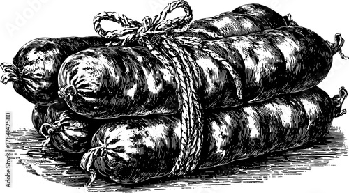 Vintage engraving of a set of stacked sausages tied with rope. Hand-drawn black outline vector illustration of meat products for culinary themes.
