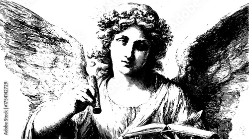 Angel illustration in vintage engraving style. A detailed black-and-white vector artwork with wings and book features, presented as a set.