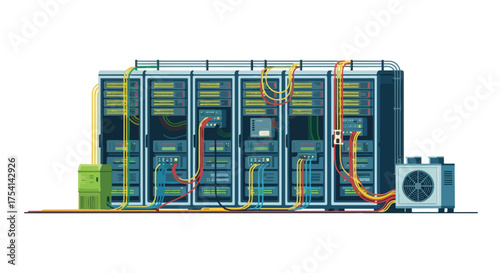 Detailed digital illustration depicting a server room with connected devices and colourful cables ensuring high performance data processing
