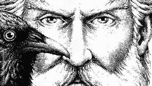 Odin's striking gaze and raven companion, thought and memory personified in powerful monochrome art
