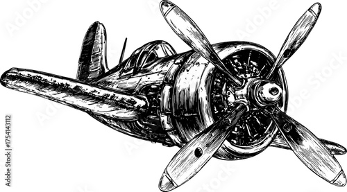Vintage plane design featuring detailed engravings and a propeller. This vector illustration emphasizes technical aspects of aviation in a classic style.