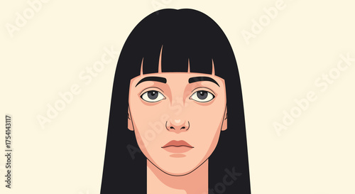 Cartoon Portrait Of Young Woman With Black Bob Hairstyle