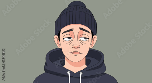 Cartoon Portrayal Of A Bored Weary Man In Beanie And Hoodie