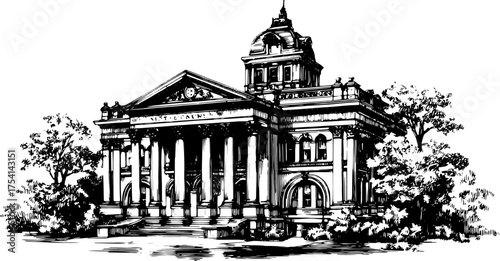 Illustration of a vintage building featuring detailed architecture. The classic vector representation showcases ornamental pillars and surrounding trees in a refined style.
