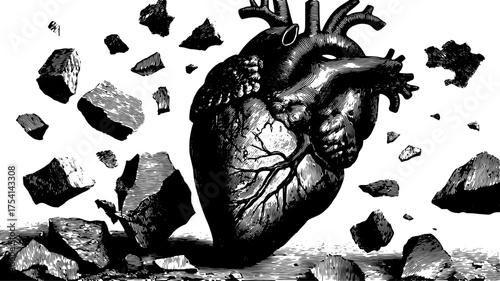 Vintage heart engraving illustration. Black and white vector artwork showing a cracked heart breaking through rocky fragments in a dynamic design.