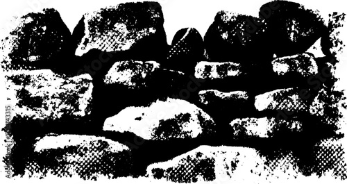 Engraved stone wall vector illustration in vintage style. Hand-drawn black outline design with retro texture for artistic uses.