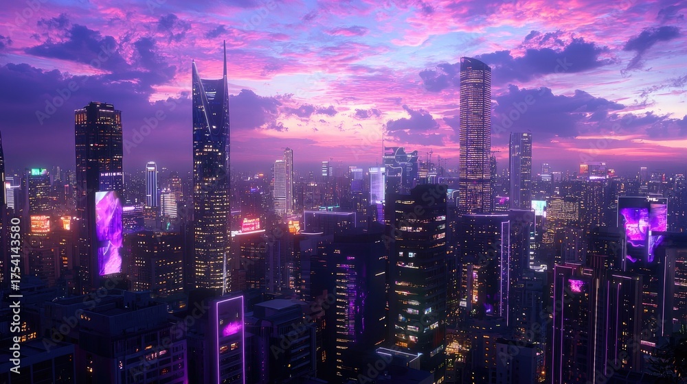 Fototapeta premium Vibrant Cityscape at Dusk with Colorful Skyscrapers and Illuminated Buildings Under a Dramatic Purple Sky