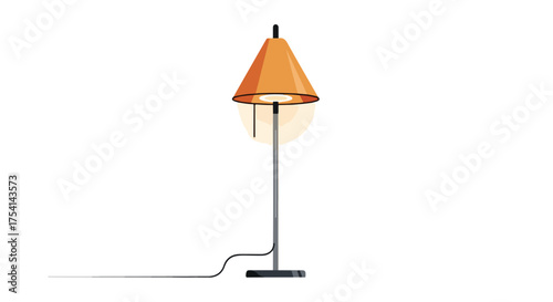 A minimalist illustration of a floor lamp with a bright orange lampshade illuminates a clean white space showcasing simplistic home decor
