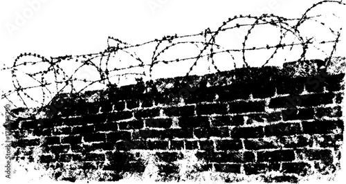 Antique engraving illustration of a brick wall topped with barbed wire. A detailed black and white vector illustration.