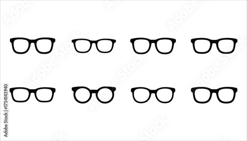 Eight black silhouette glasses icons with thick frames on a white background spectacles eyewear