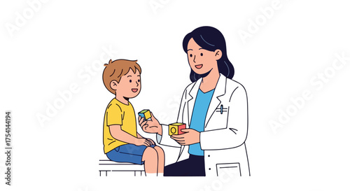 Pediatrician engaging with a young patient, using colorful blocks for developmental assessment and playful medical interaction in a clinic setting