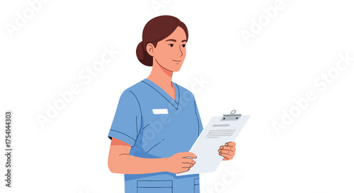 Competent healthcare professional with clipboard, engaged in medical administrative tasks in clean environment illustration