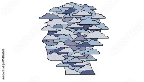 Silhouette of a human head filled with layered clouds, representing thoughts, ideas, or mental state.