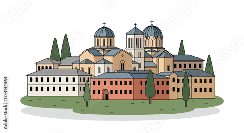 Stylized illustration showcasing an eastern european monastery with trees and neutral tones in a cartoonish design aesthetic