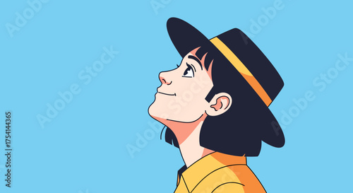 Optimistic Gaze Animated Woman Looks Upward Stylish Hat