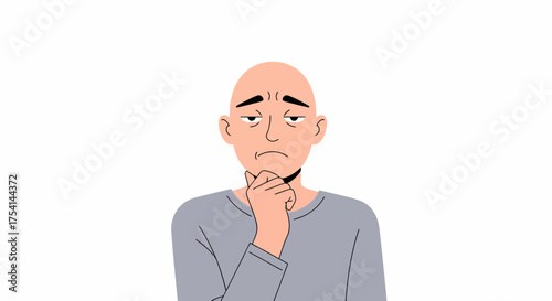 Pensive Man Character Deep In Thought With Hand On Chin Vector Illustration