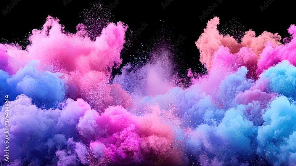 Fototapeta premium Colorful abstract smoke clouds in vibrant pink, blue, purple and orange against a dark background creating a dreamy atmosphere