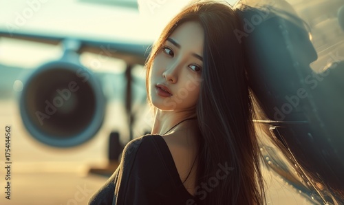 A young Asian woman with long black hair poses near a large airplane during the golden hour
