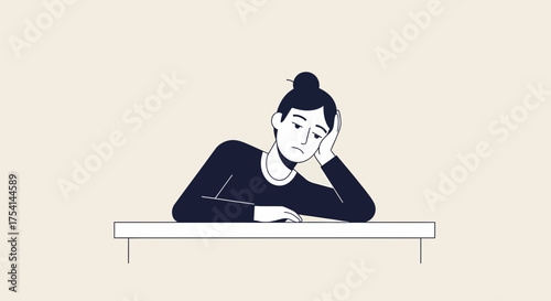 Sleepless Woman Leaning On Table Feeling Frustration And Boredom