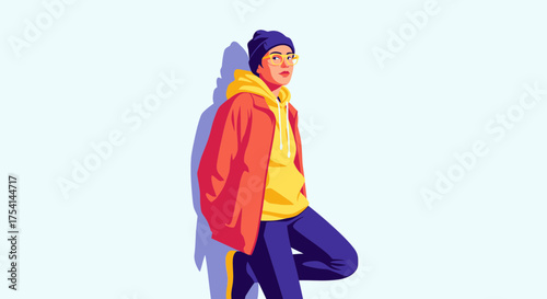 Stylish Young Woman Leaning Against Wall In Trendy Apparel