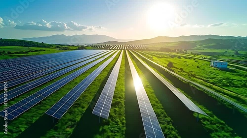 Aerial view of a vast solar farm with rows of panels on a lush green landscape under a bright sun and distant mountains