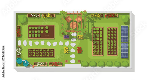 Overhead view of a sustainable urban garden with diverse plantings and solar panels showcasing ecological design and vibrant growth