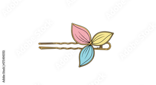 Delicate golden hair pin with whimsical pastel petal design against a pristine white background provides a charming look 150 characters