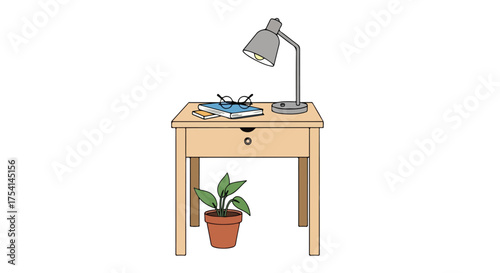 Illuminated bedside table with reading materials and a potted plant conveying simple, quiet, indoor scene