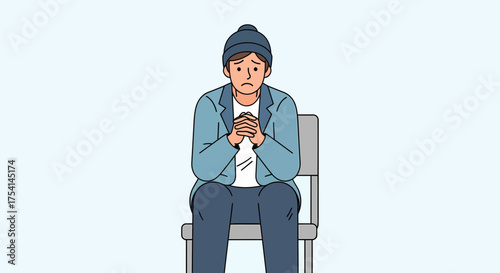 Worried Man Sitting On Chair With Hands Clasped In Nervous State
