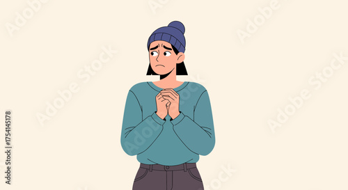 Worried Young Woman With Hands Clasped Expressing Anxiety