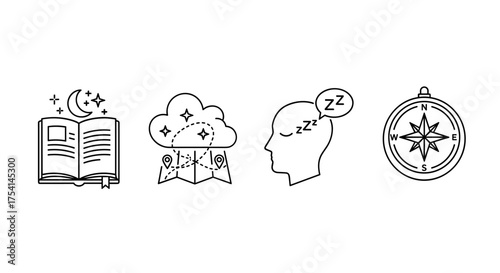 Travel and imagination line icon set. Concepts of adventure, discovery, storytelling, and dreams. Vector symbols for fantasy book, journey map, sleeping head, and navigation compass.