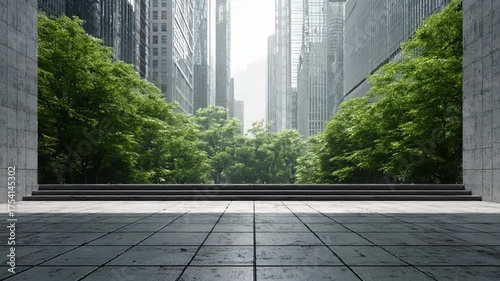 Urban Oasis: A modern cityscape blends seamlessly with nature, where lush greenery thrives amidst the towering buildings and architectural marvels.