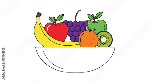 Colorful fruit assortment in a white bowl representing healthy eating habits and diverse nutritional options designed as a visual element