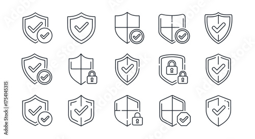 Security vector icon set. Shield with check mark and lock symbol. Concept of protection, safety, privacy, and guarantee. Data protection, cybersecurity, antivirus, and firewall.